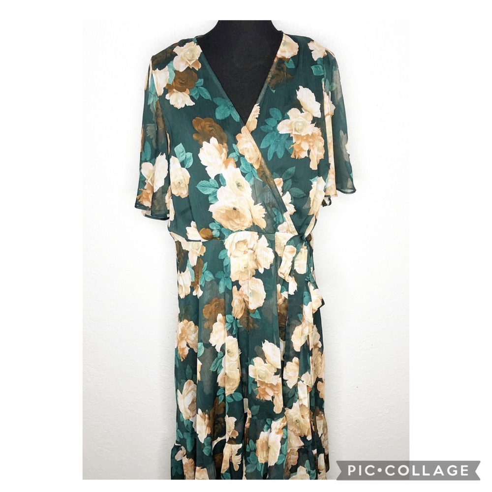 Calvin Klein green cream floral sheer overlay faux wrap midi dress size 20W